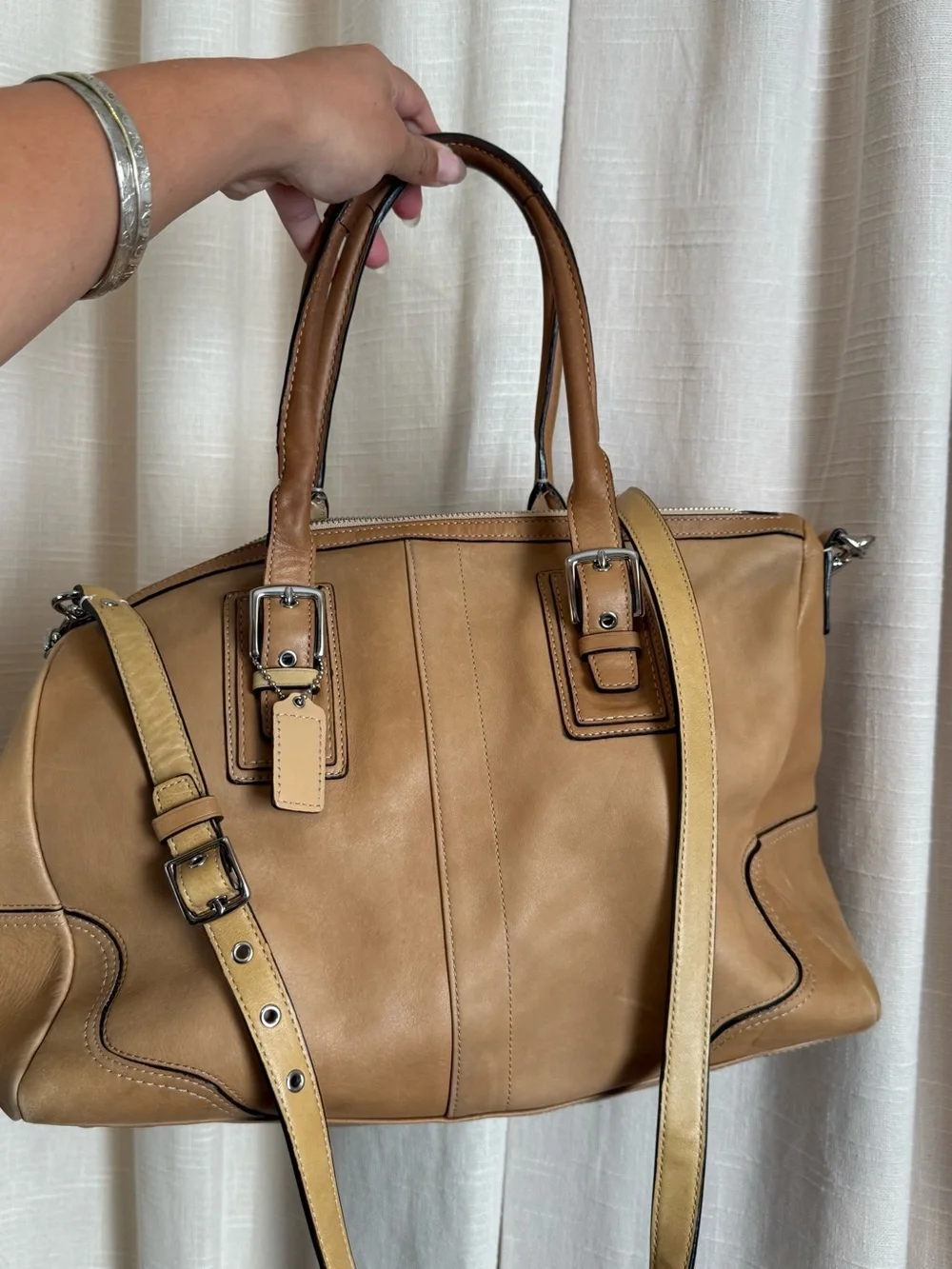 Coach Tan Leather Shoulder Satchel with Adjustable Strap